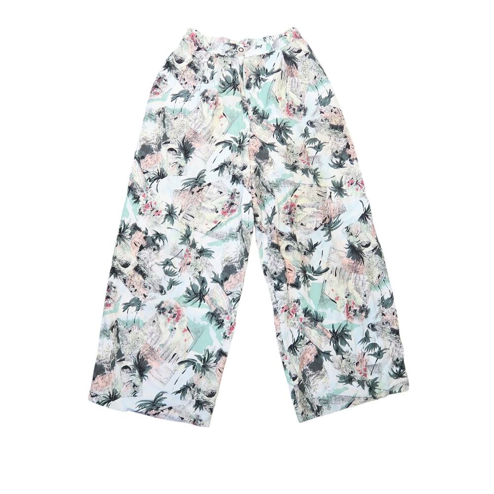 Vintage 80s Carol Anderson Cream Palm Tree Vacation Print Wide Leg Pants M